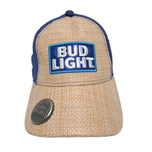 bud light Other - Bud Light Metal Beer Cap Bottle Opener Straw Hat Snapback Baseball Cap Trucker